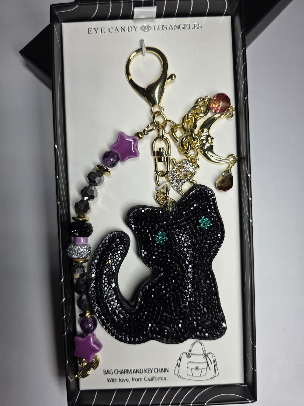Eye Candy Black Cat Bag Charm with Purple Accents